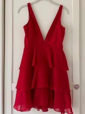 Privacy Please Red Tiered V-Neck Mini Dress